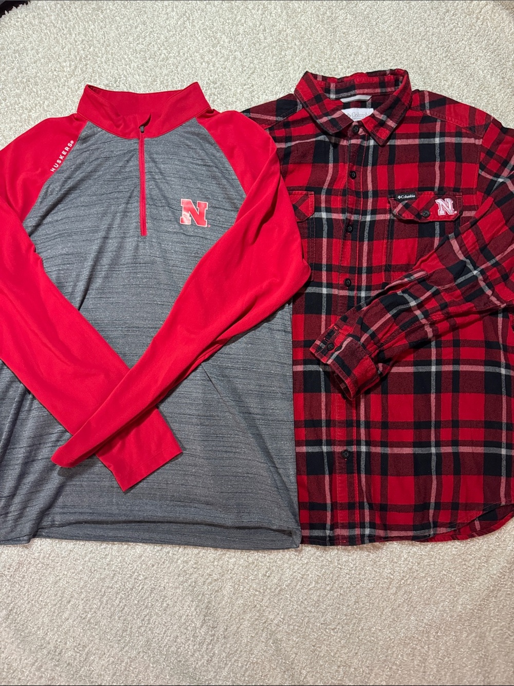 Nebraska Columbia Red and Gray Quarter-Zip Pullover with Red Plaid Flannel Shirt